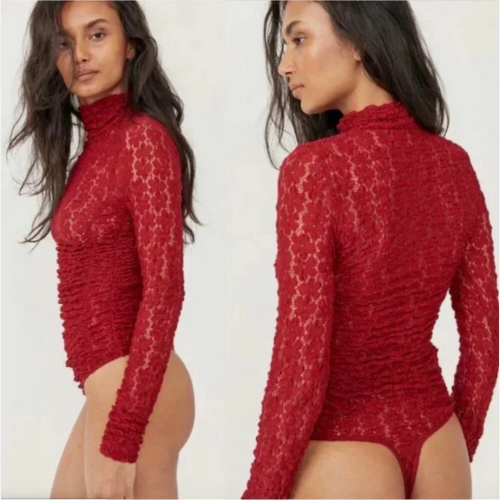 NWOT Free People Long Sleeve Day & Night Holly Berry Lace Bodysuit